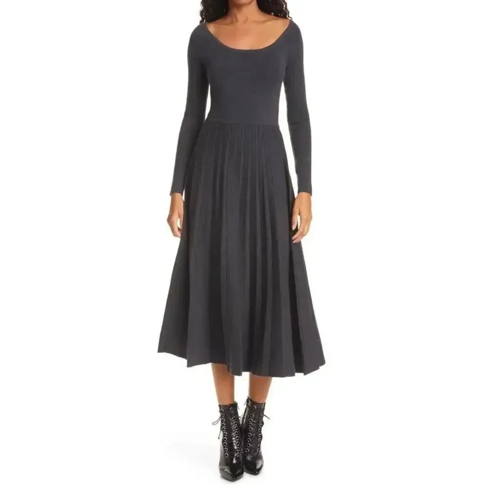 La Ligne Womens Gray Merino Wool Blend Long Sleeve Pleated Dress Medium NWOT